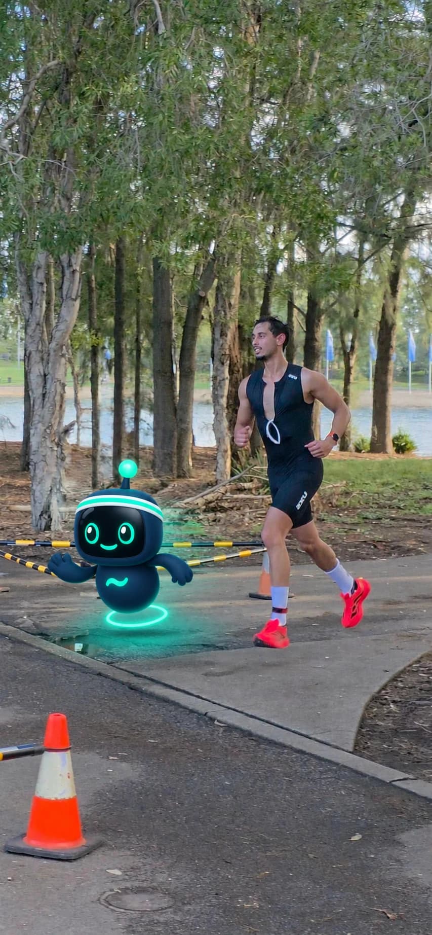 Hassan Arif mid-race on a lakeside path, with Flo sprinting alongside