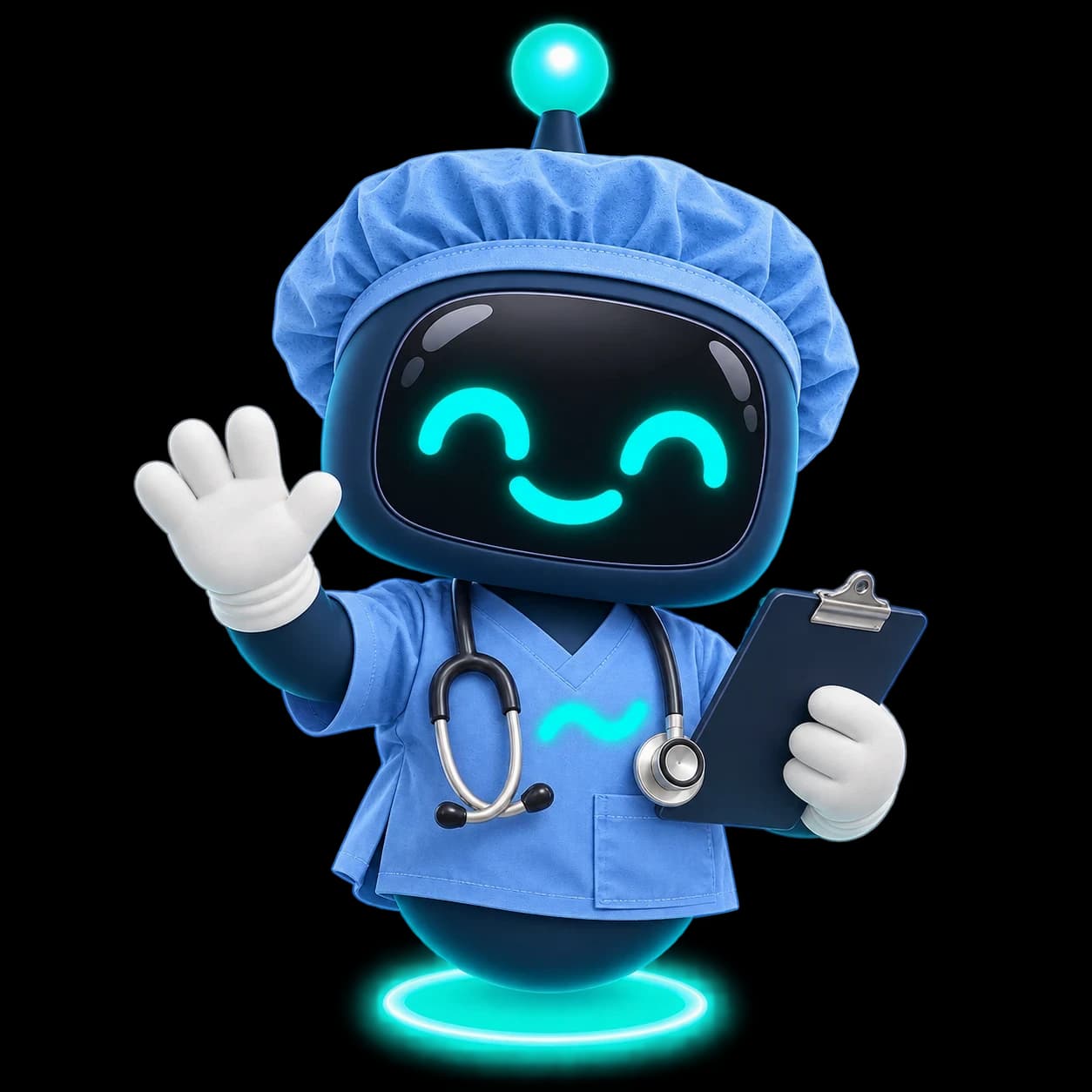 Flo in scrubs, waving and holding a clipboard