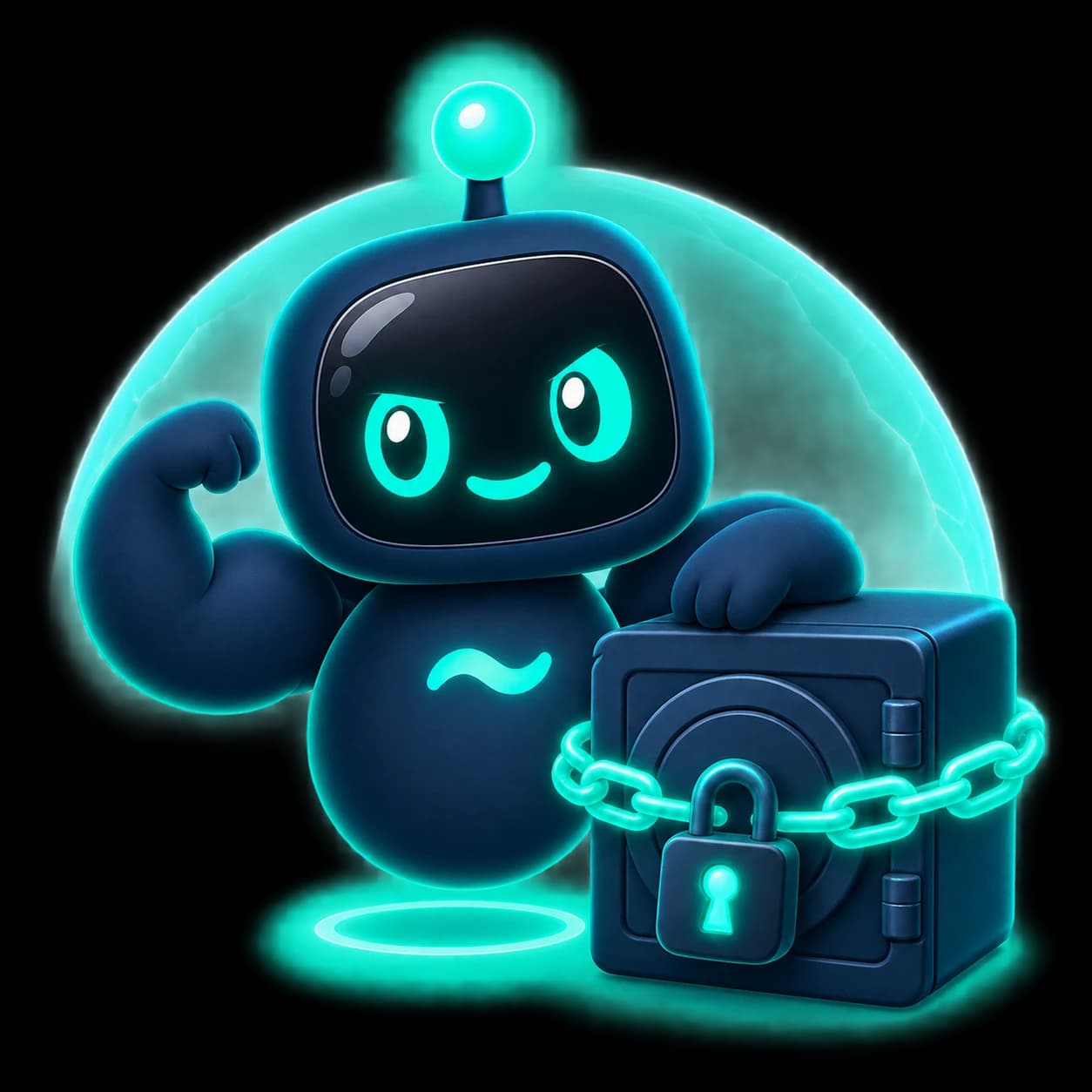 Flo flexing beside a chained and locked vault, under a protective shield