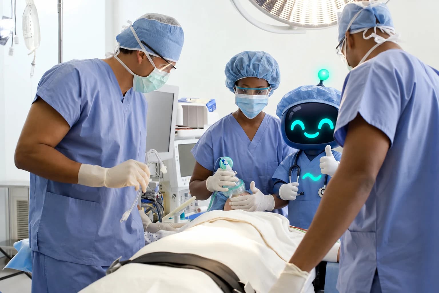 A surgical team in an operating theatre, with Flo in scrubs giving a thumbs-up