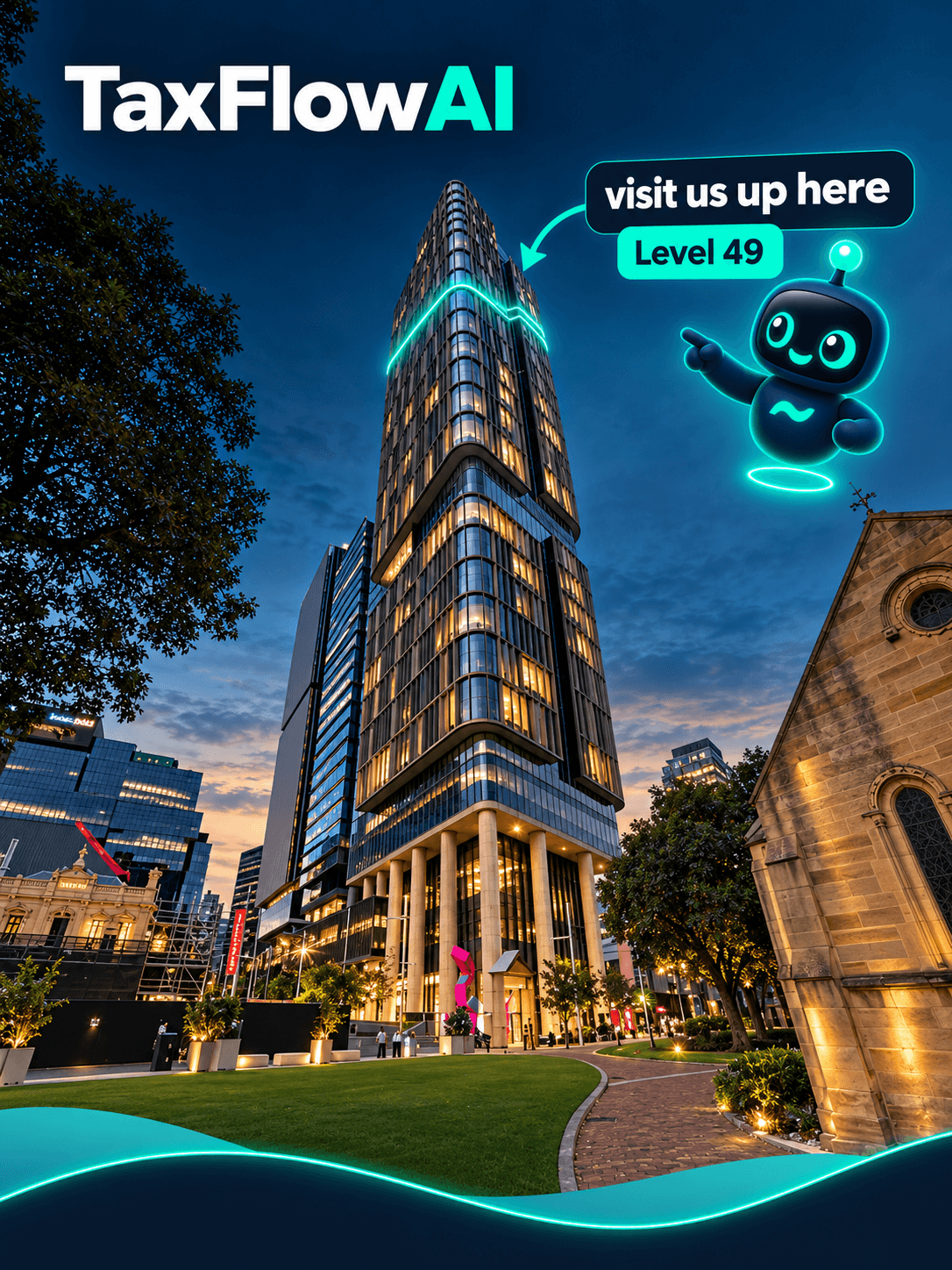 The 8 Parramatta Square tower at dusk with a glowing line marking Level 49 and Flo pointing up to it