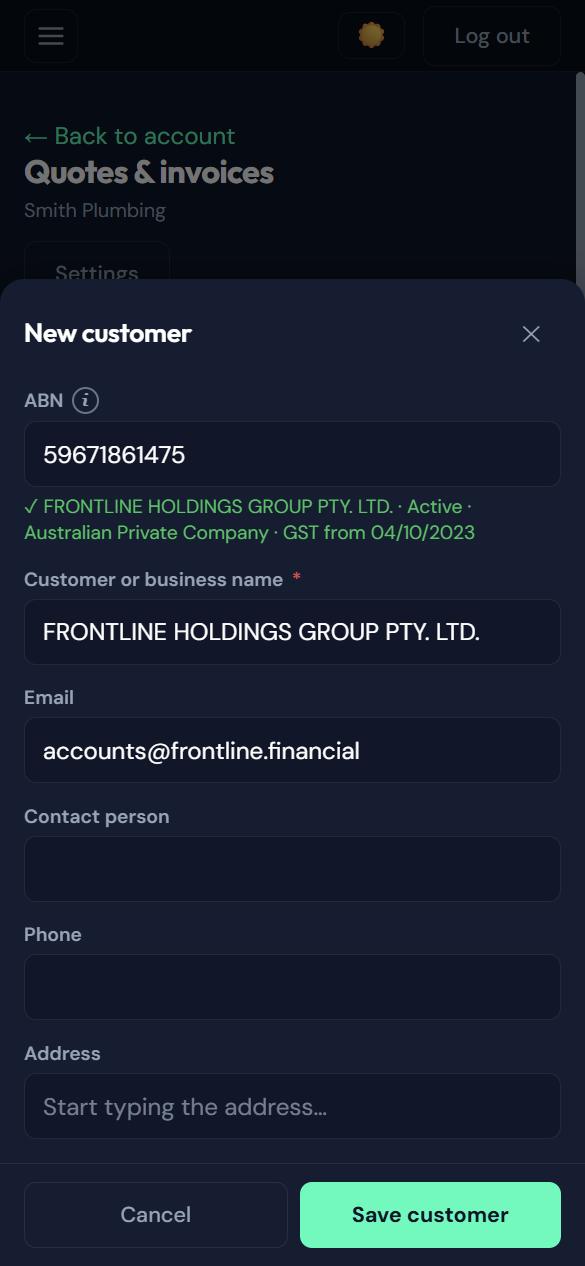 New customer form with an ABN looked up on the Australian Business Register and the details filled in