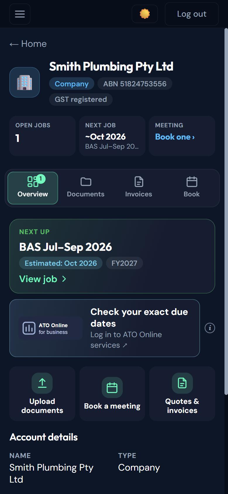 Business account page for Smith Plumbing Pty Ltd showing open jobs, the next job with a month estimate, and quick actions