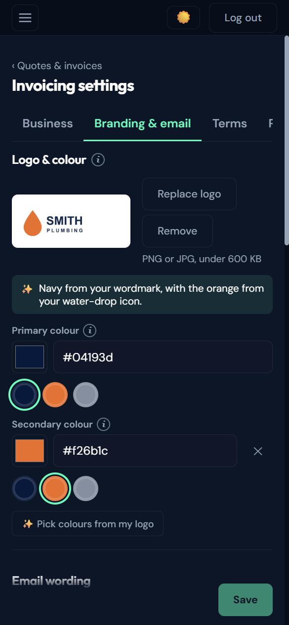 Branding settings where the invoice colours are picked from the business’s uploaded logo