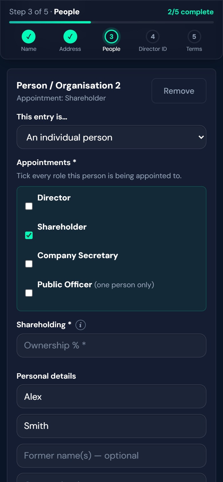 Company registration form adding a second person as a shareholder