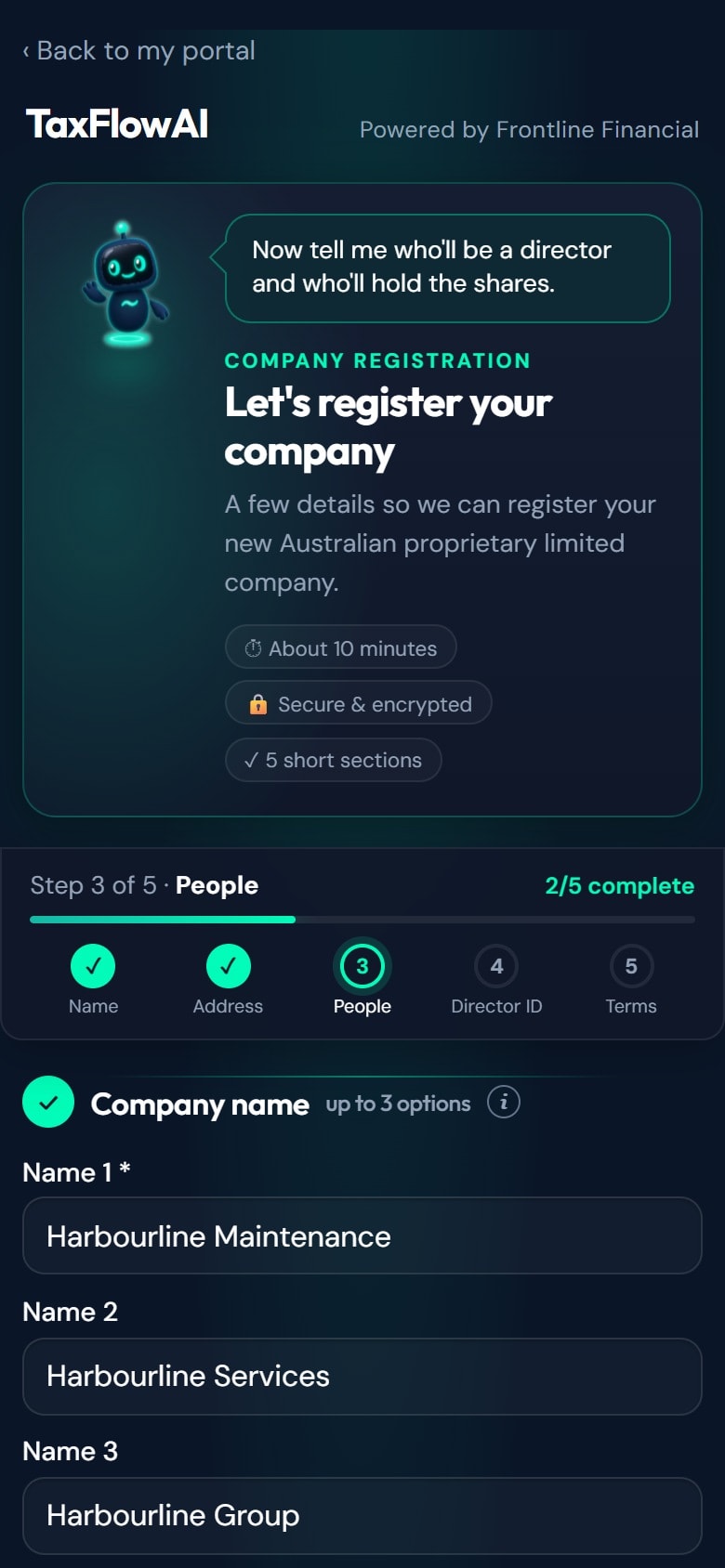 Company registration form at step 3 of 5, with three proposed company names entered
