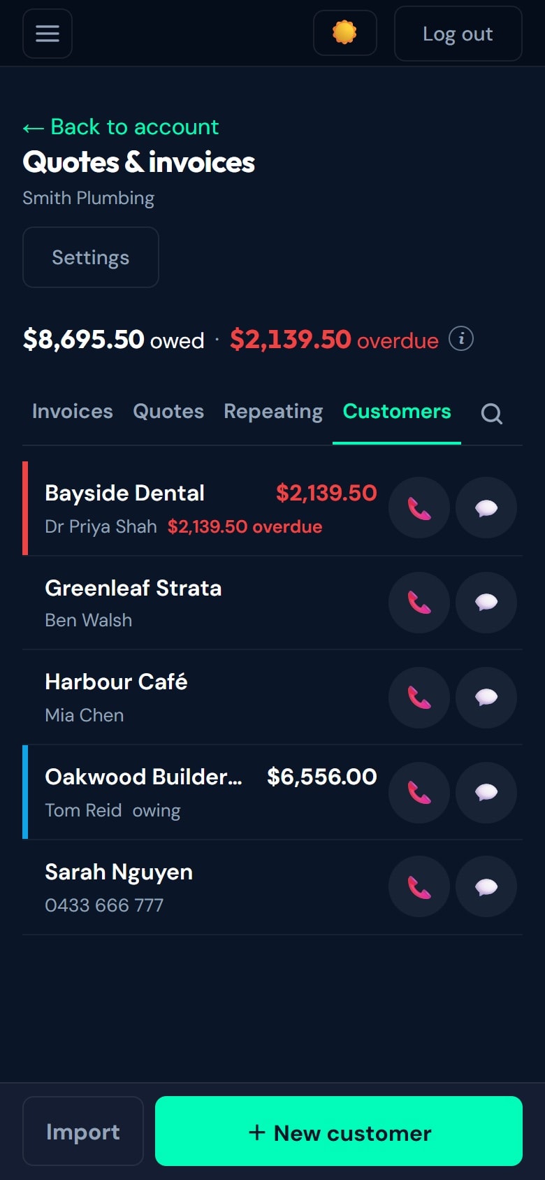 Customer list showing who owes money and how much is overdue, with call and text buttons for each customer