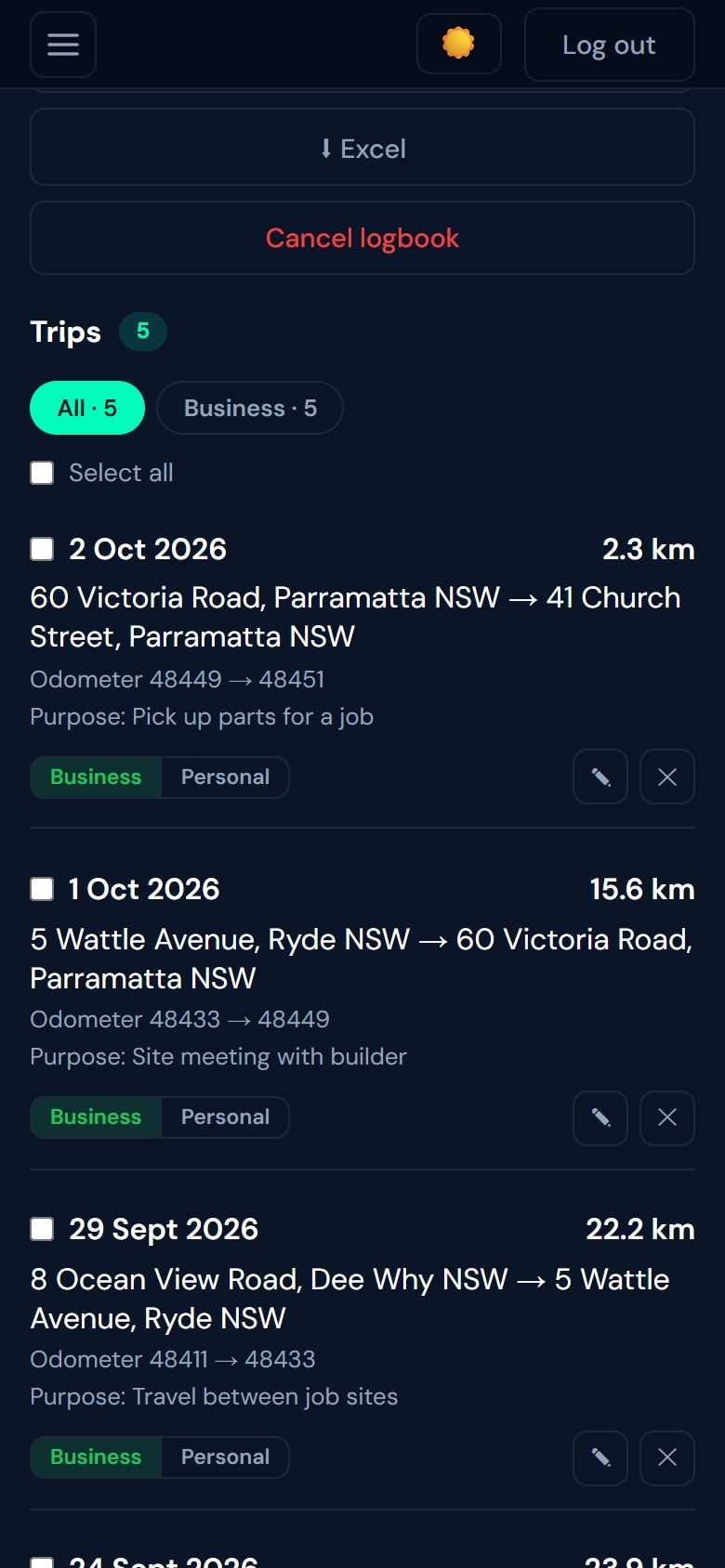 List of logged car trips with dates, start and end addresses, odometer readings, distance and purpose