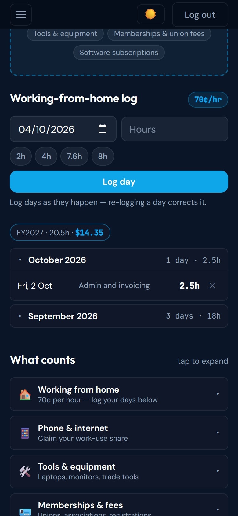Working-from-home hours log with quick hour buttons and a monthly list of logged days