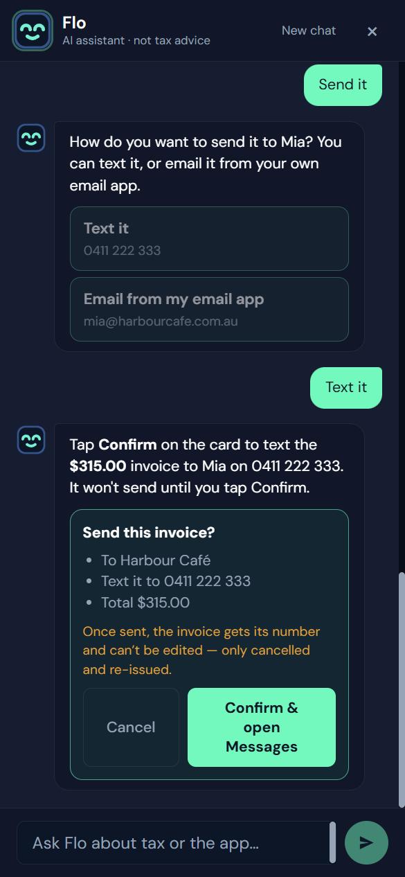 Flo asking the owner to tap Confirm before texting the invoice to the customer