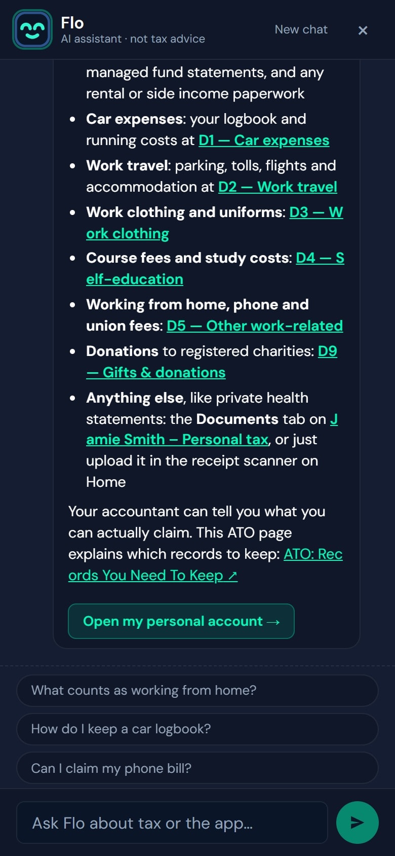 End of a Flo answer pointing to the accountant for what can be claimed, with suggested follow-up questions