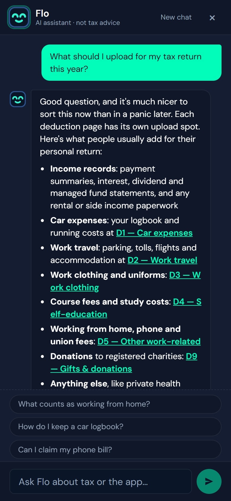 Flo answering what to upload for a tax return, labelled AI assistant, not tax advice