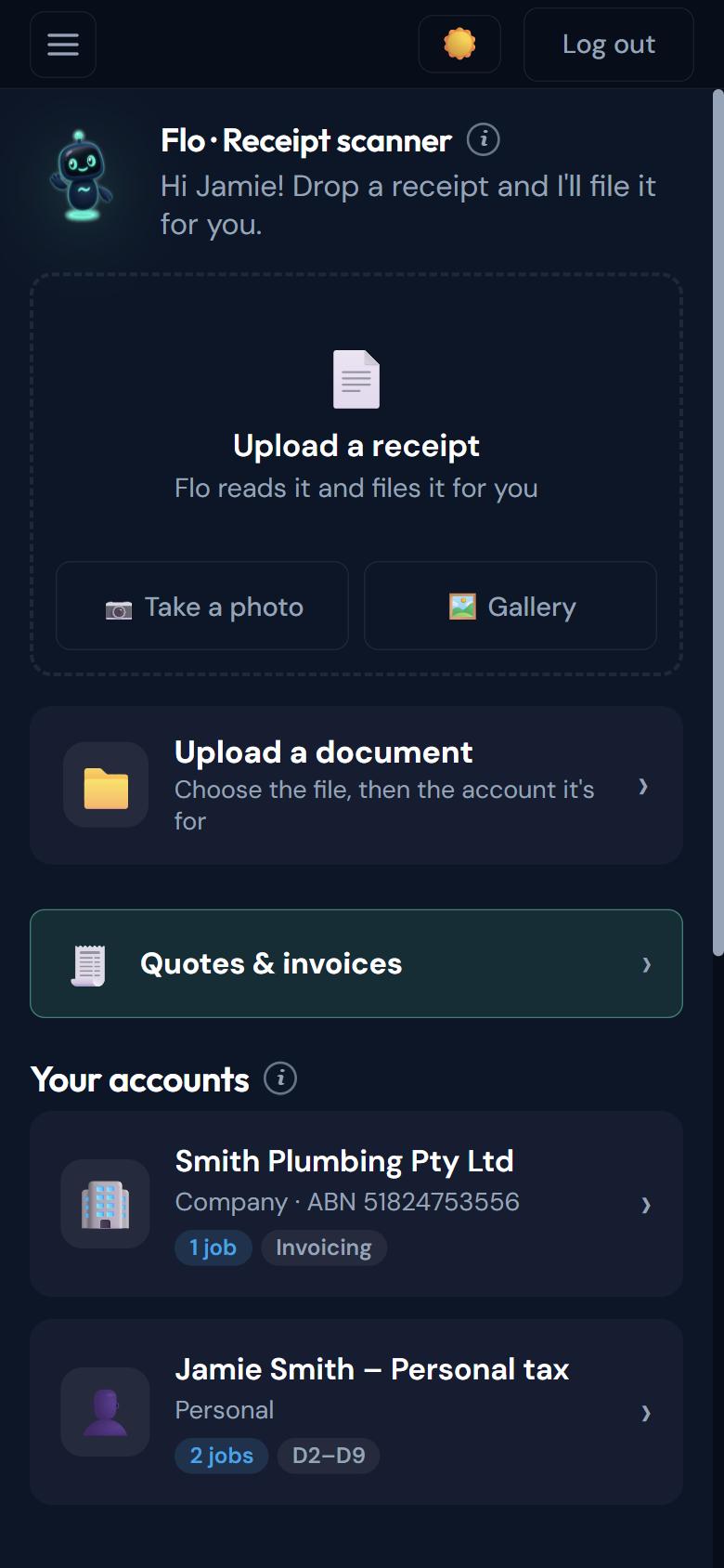 TaxFlowAI home screen with the Flo receipt scanner, upload a document, quotes and invoices, and the client’s accounts
