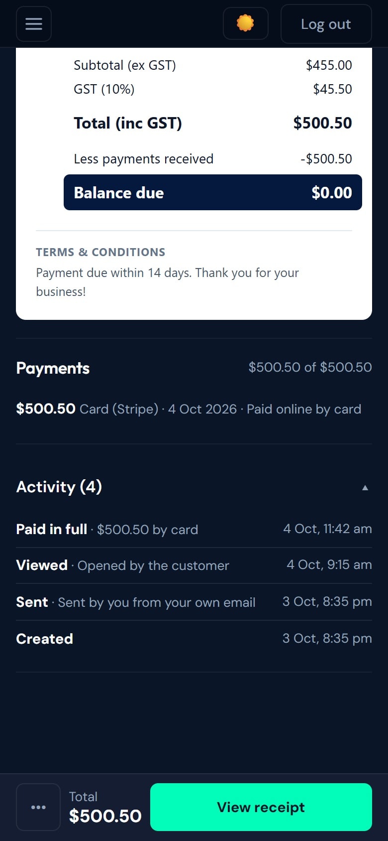 Invoice payments showing a card payment through Stripe and an activity log of created, sent, viewed and paid