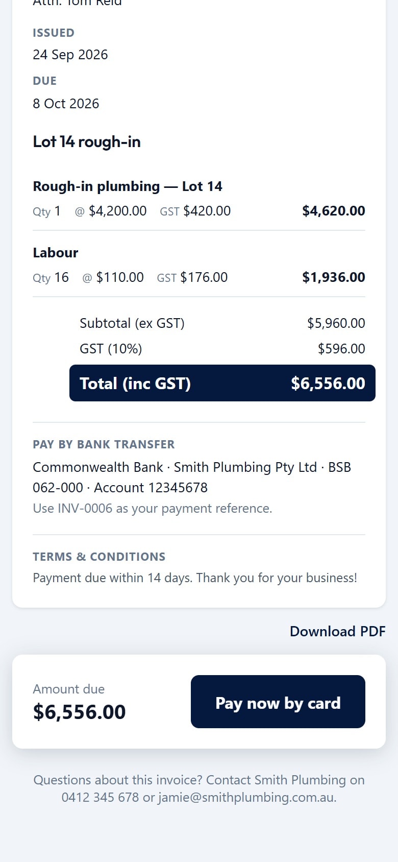 Bottom of a customer invoice showing bank transfer details, the amount due and a Pay now by card button