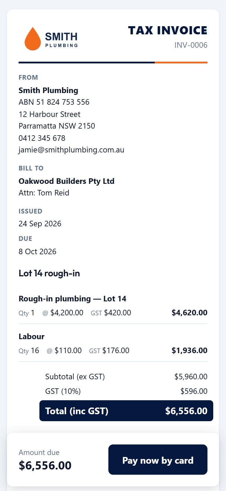 Customer-facing tax invoice from Smith Plumbing to Oakwood Builders with line items and GST