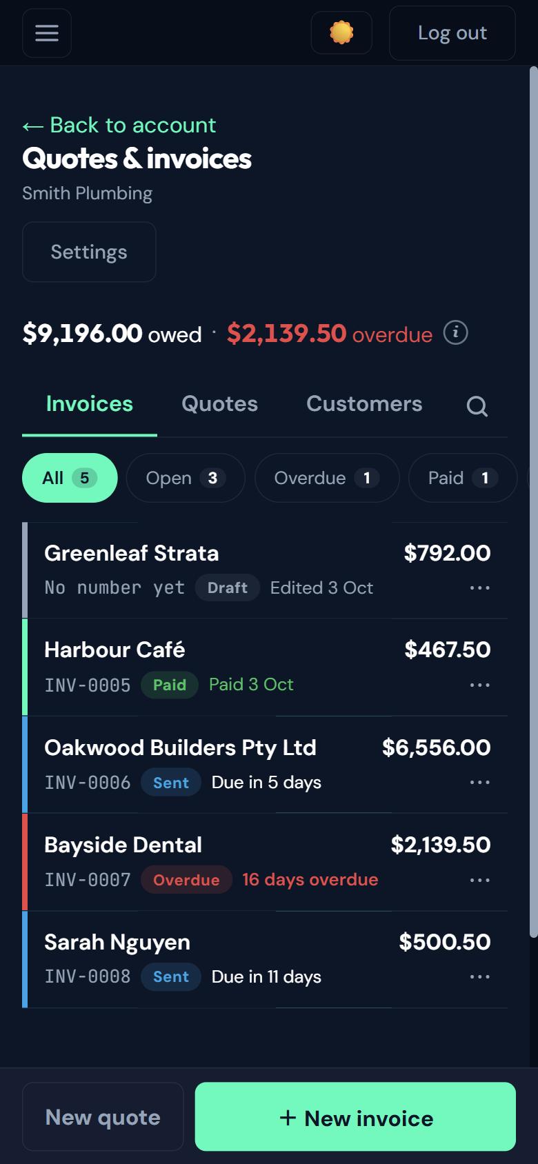 Quotes and invoices list for Smith Plumbing showing amounts owed and overdue, with each invoice’s status