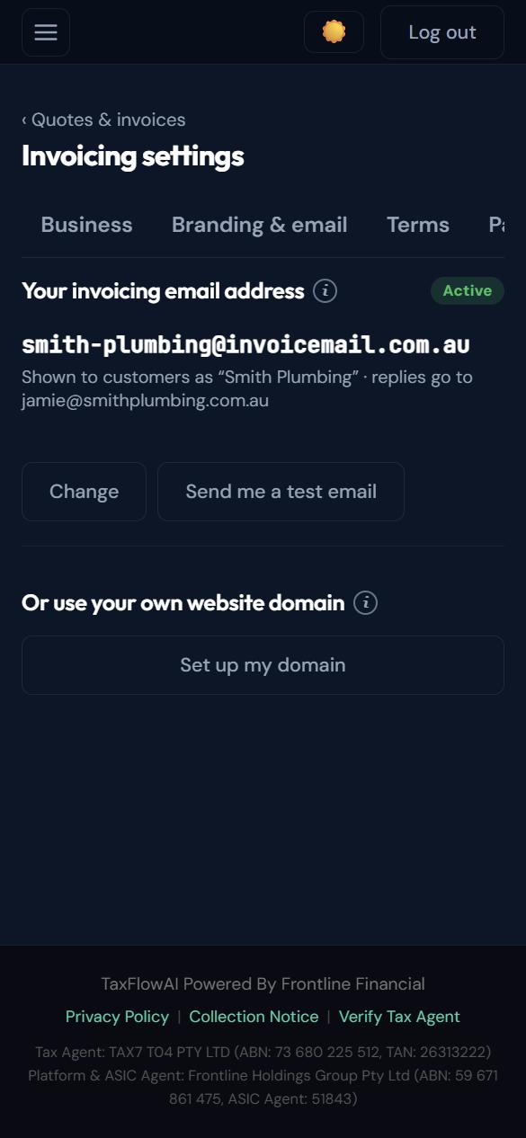Invoicing settings showing the business’s own invoicing email address and that customer replies go to the owner
