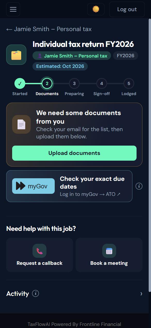 Tax return job page with a five-step tracker at the Documents stage, an Upload documents button and a myGov link