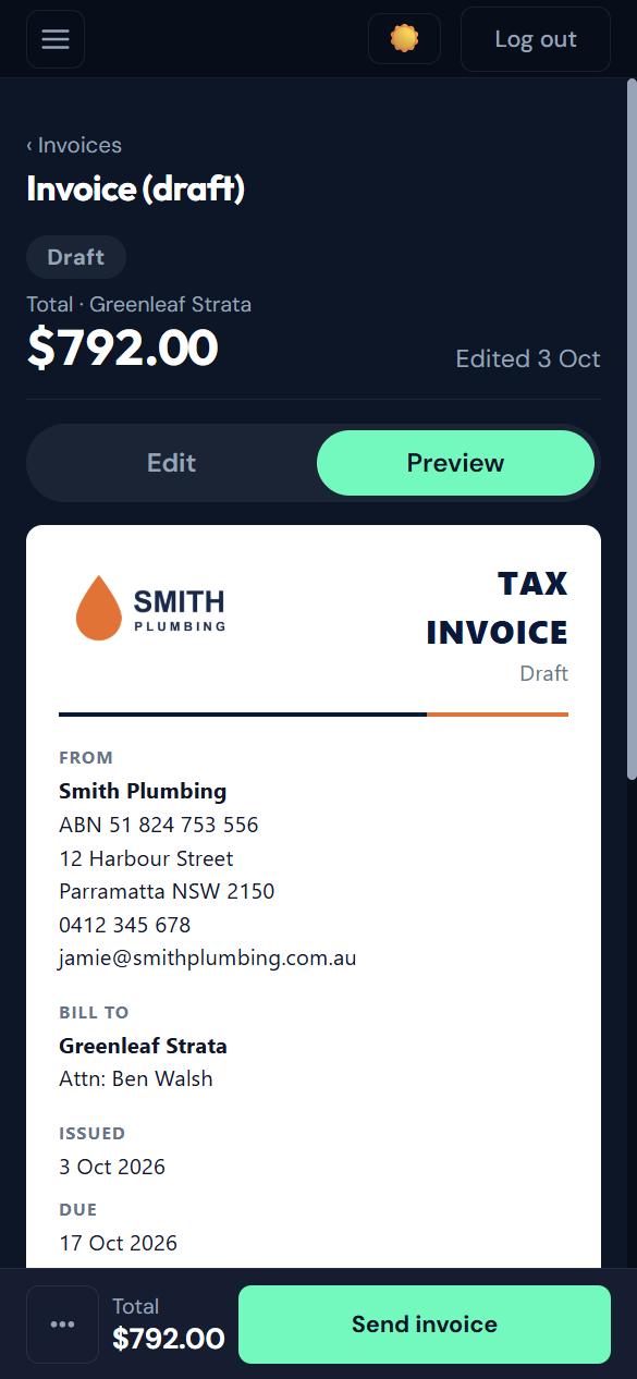 Draft invoice in preview mode showing exactly what the customer will receive