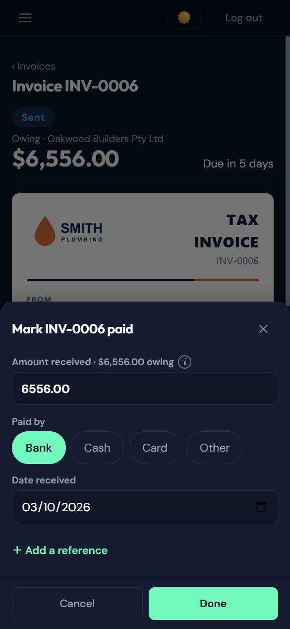 Mark invoice paid sheet with the amount received, payment method and date