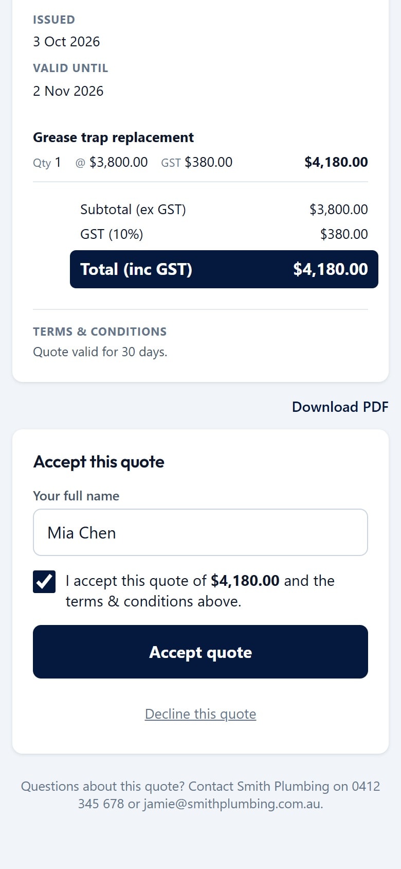 Bottom of a quote with the total, terms and an accept form with the customer’s name entered and the box ticked