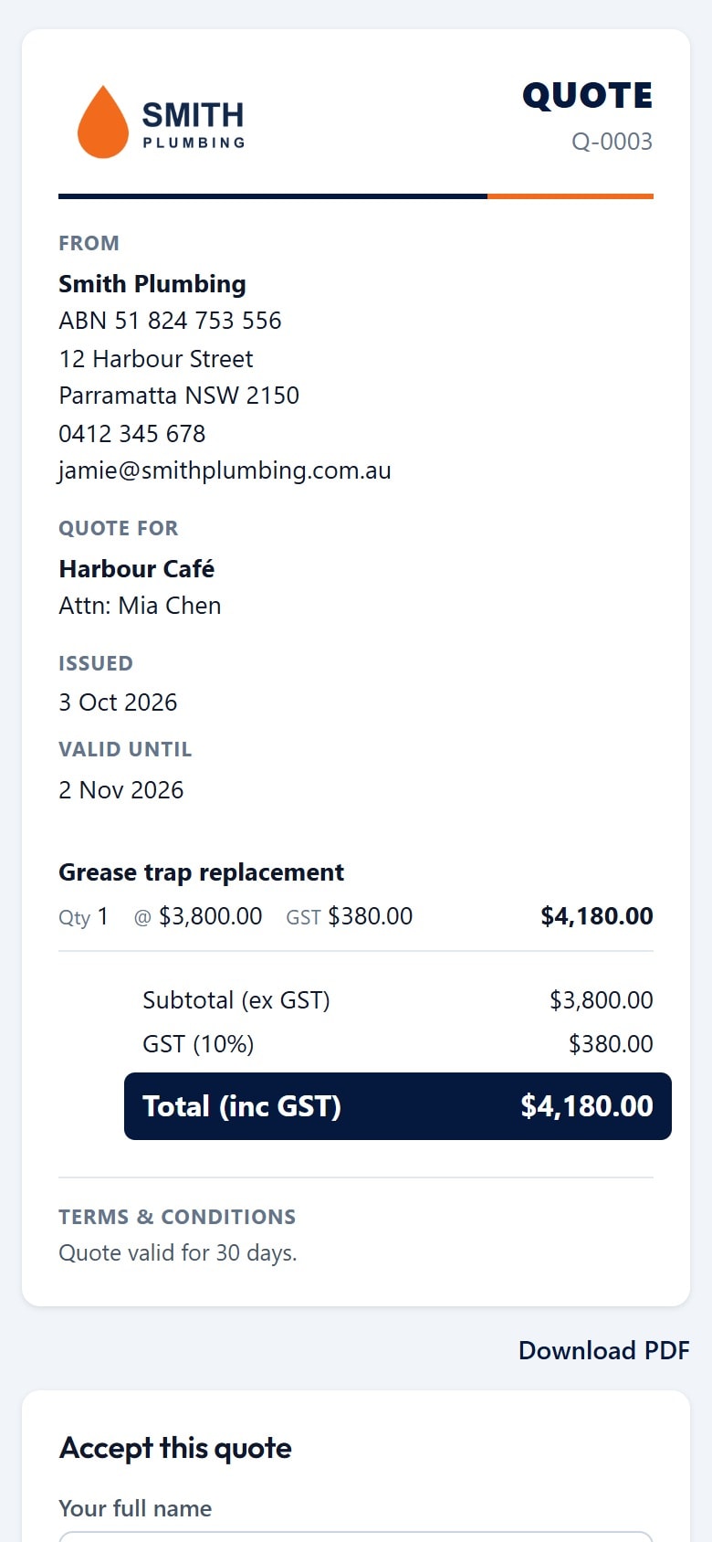 Customer-facing quote from Smith Plumbing to Harbour Café