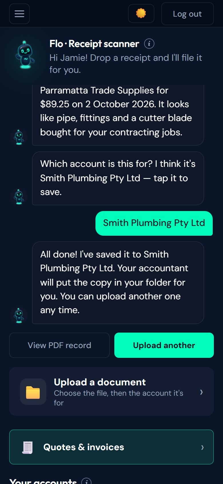 Flo receipt chat confirming the receipt was saved to Smith Plumbing Pty Ltd, with buttons to view the PDF record or upload another