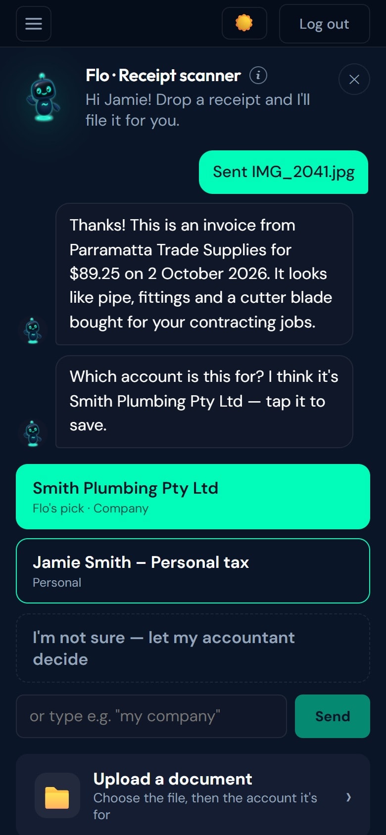 Flo receipt chat summarising a receipt from Parramatta Trade Supplies and asking which account it belongs to, with account buttons