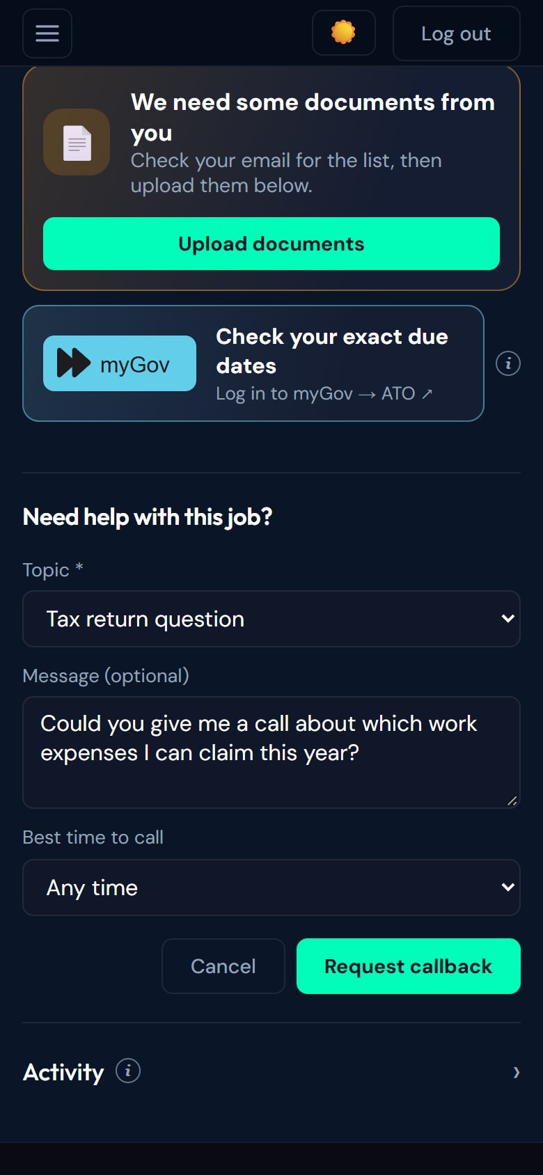 Request a callback form on a tax return job with topic, message and best time to call