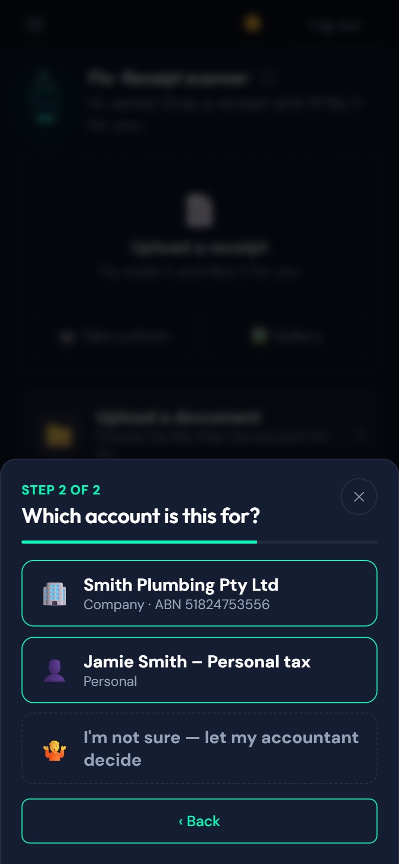 Upload sheet asking which account a document is for, listing the company and personal accounts and an I’m not sure option