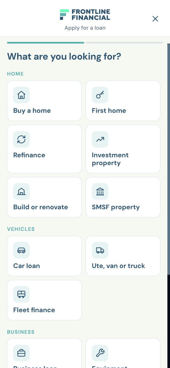 Frontline Financial loan enquiry asking what you are looking for, with home, vehicle and business options