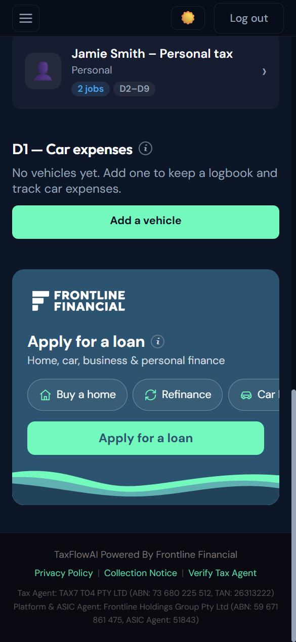 Personal tax account with the D1 car expenses section and the Frontline Financial apply for a loan card