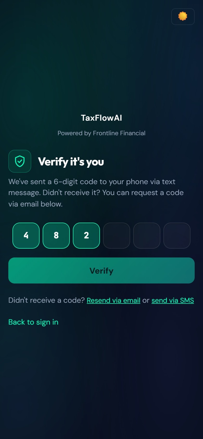 Sign-in verification screen asking for a six-digit code sent by text, with options to resend by email or SMS