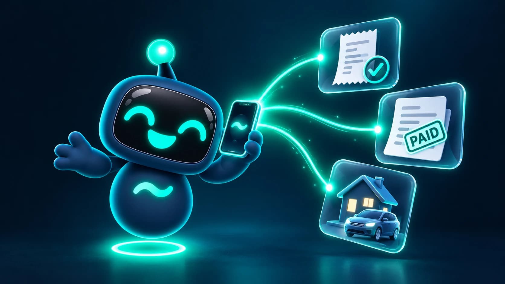 Flo holding a phone that connects to three cards: a ticked receipt, a paid invoice, and a house and car