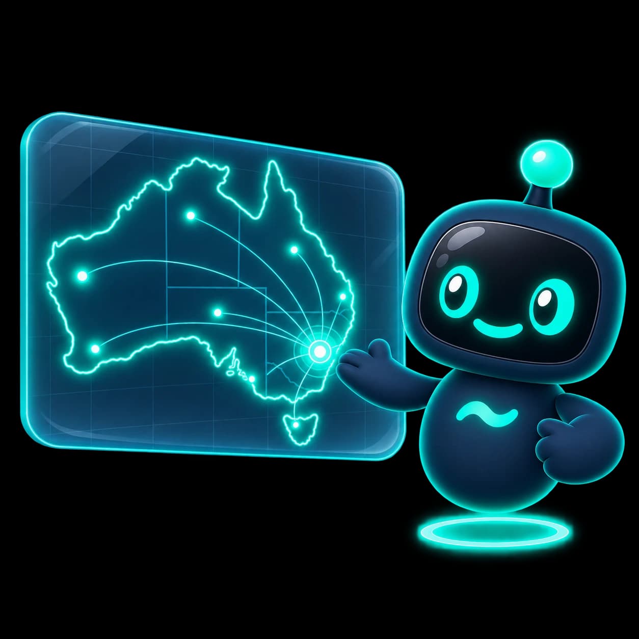 Flo pointing to a glowing map of Australia with a pulsing node on Sydney