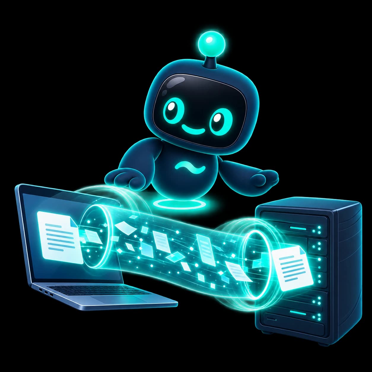 Flo guiding a document through a glowing tunnel between a laptop and a server, scrambled in transit