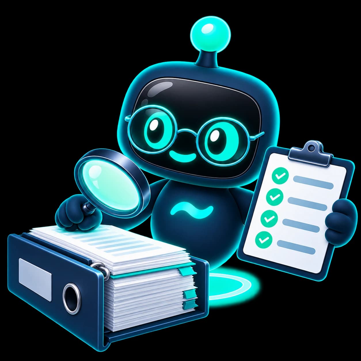Flo in glasses reviewing a binder of policies, holding a ticked checklist