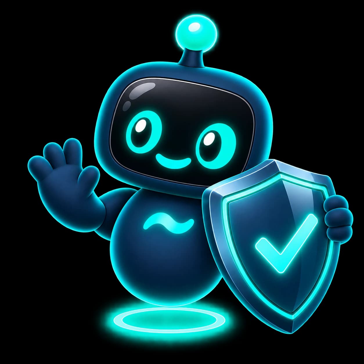 Flo holding a shield with a glowing tick, waving