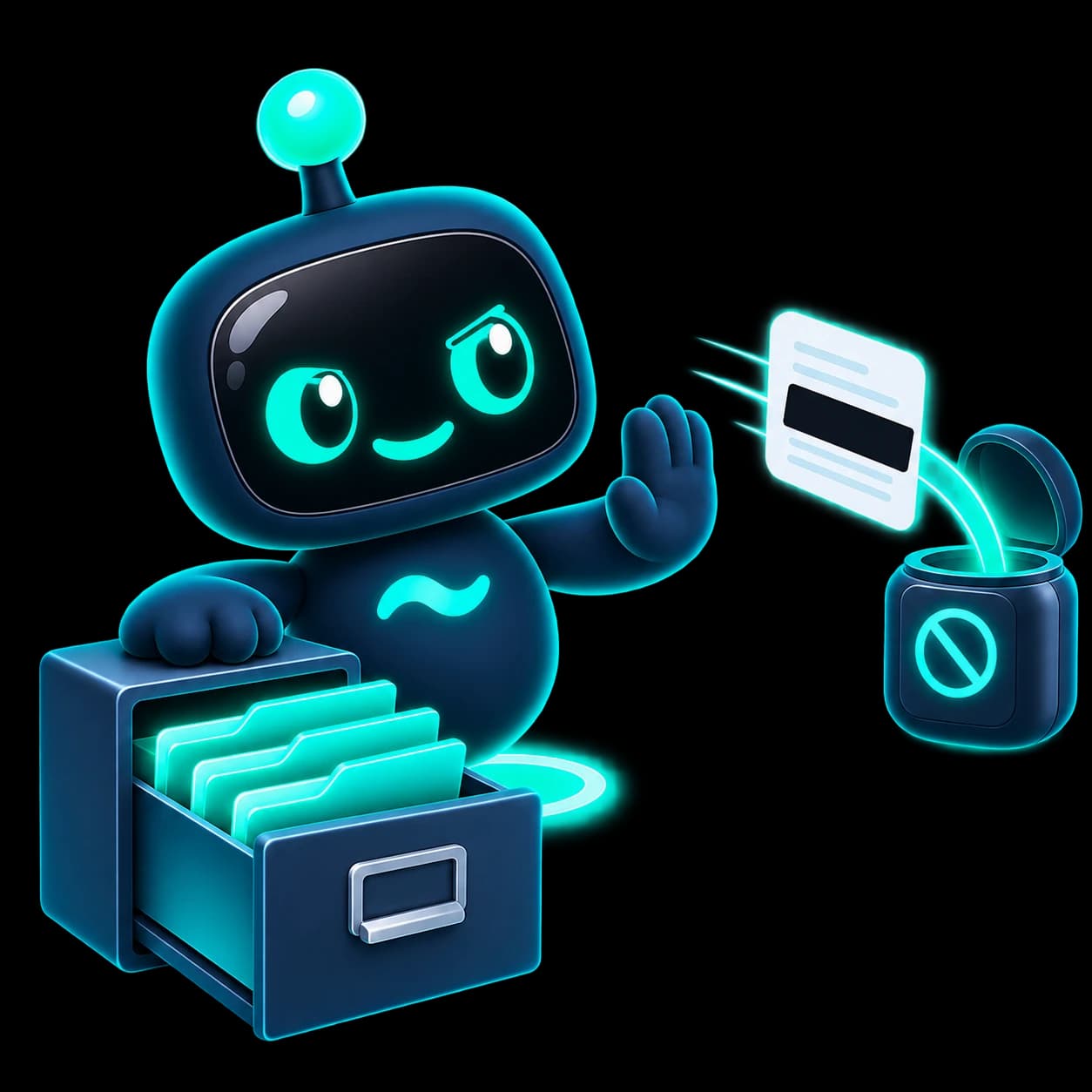 Flo beside a tidy filing drawer, waving away a redacted card toward a separate sealed capsule