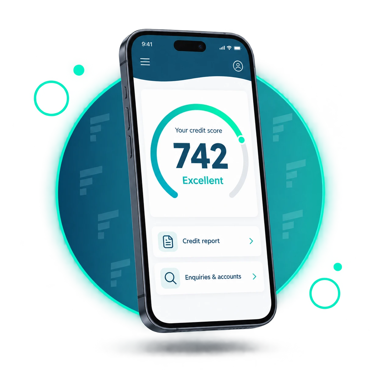 A phone showing a credit score of 742 with links to the full credit report and enquiries