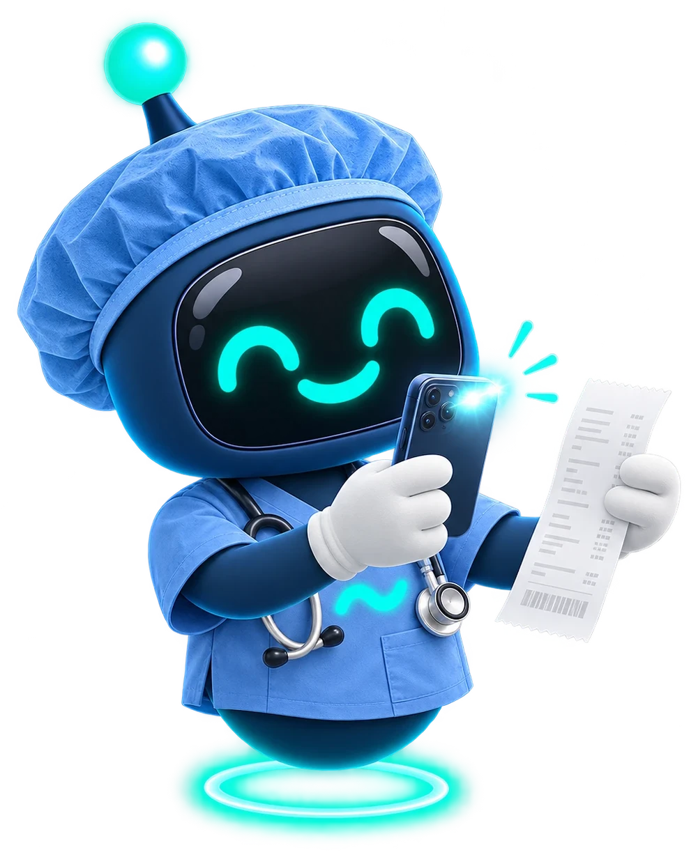 Flo in scrubs, photographing a receipt with a phone