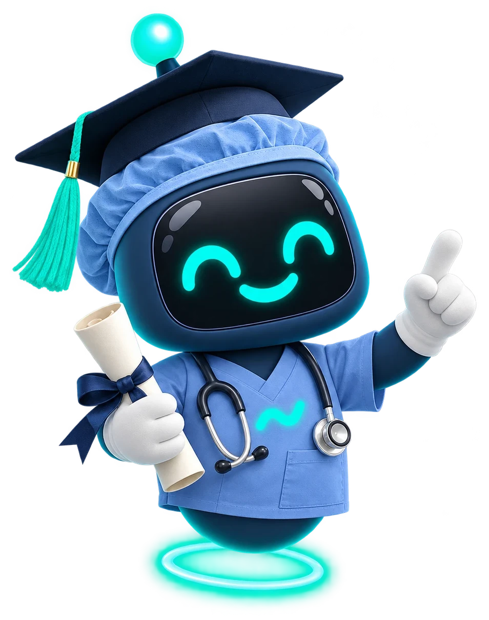 Flo in scrubs and a graduation cap, holding a diploma and pointing up