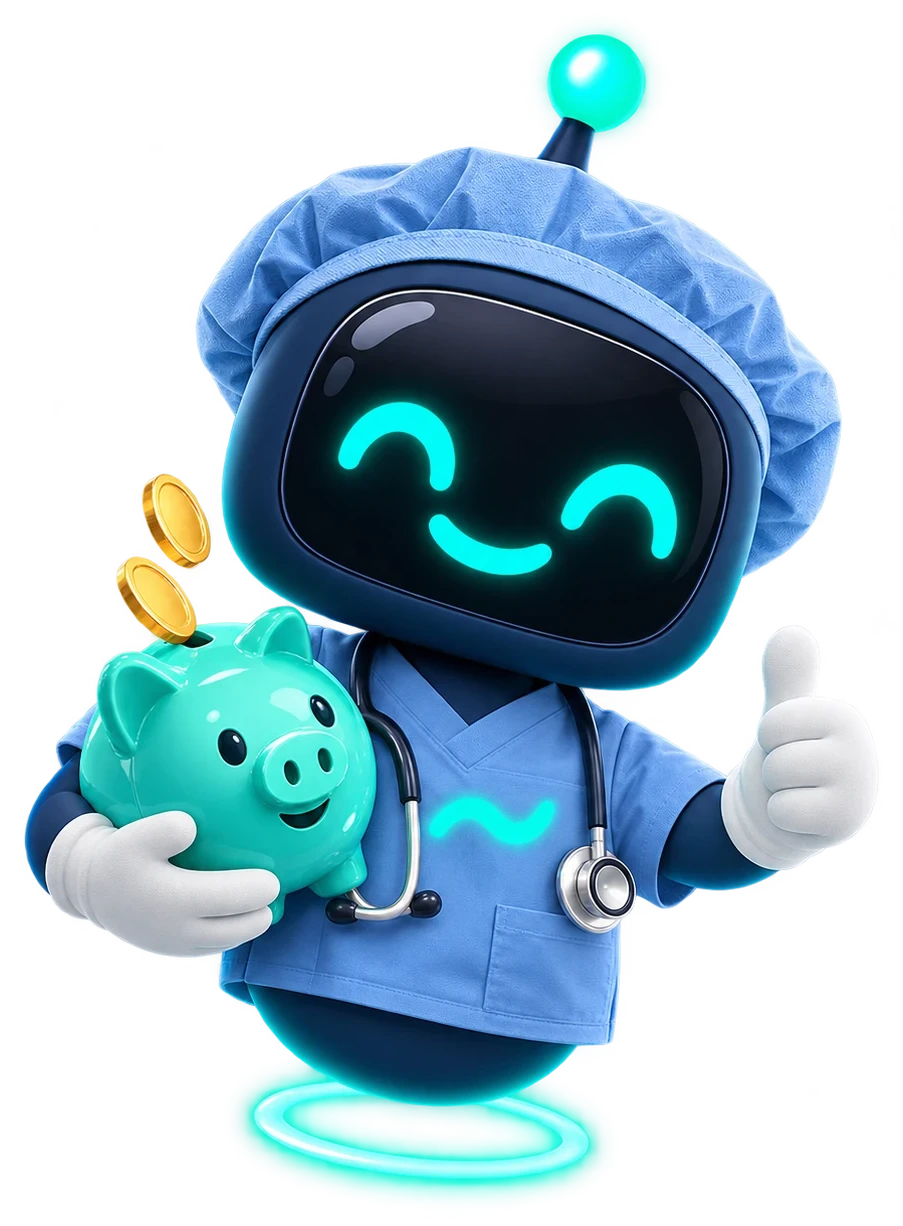 Flo in scrubs, holding a piggy bank and giving a thumbs-up