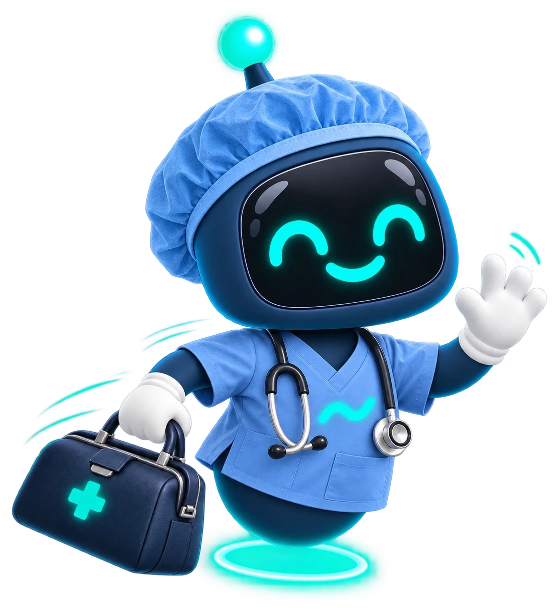 Flo in scrubs, carrying a doctor's bag and waving